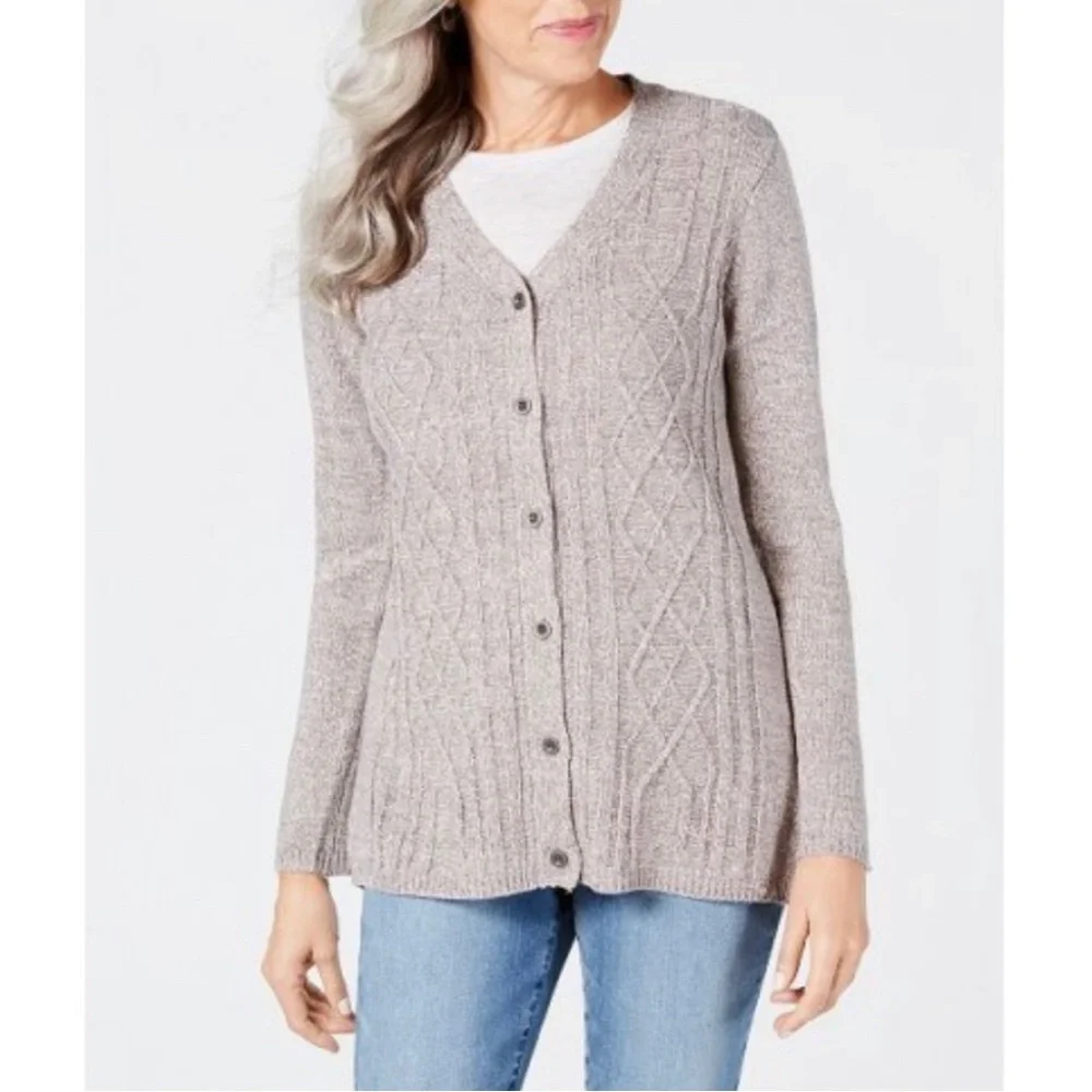 Karen‎ Scott Cable Knit Sweater Cardigan Tan Women’s Size M Cottagecore Textured